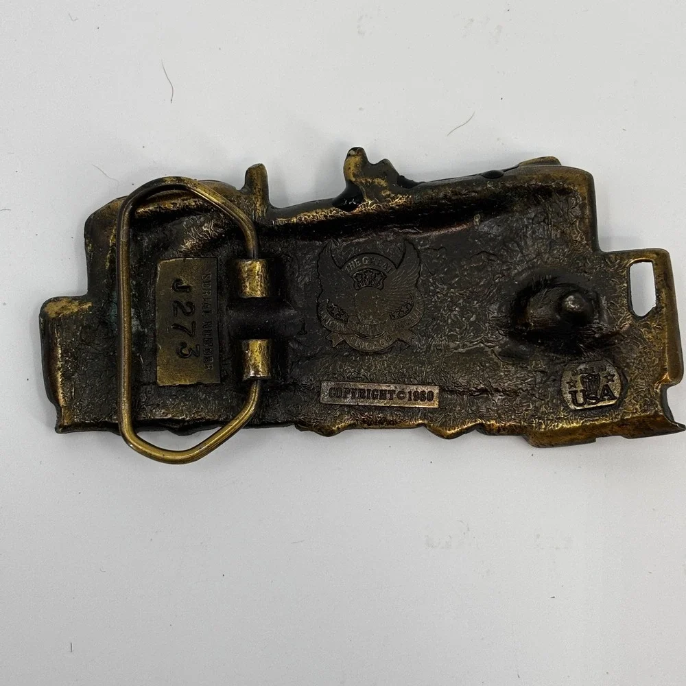 The Great American Buckle Co Belt Buckle Mens Black Red Train Engine 1980 USA